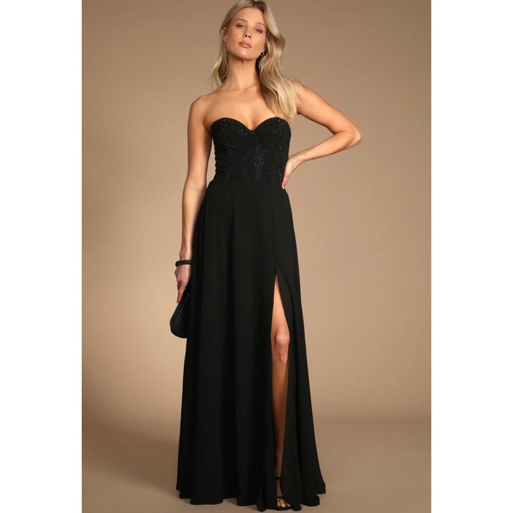 Lulus Remember This Moment Black Rhinestone Strapless Bustier Maxi Dress M